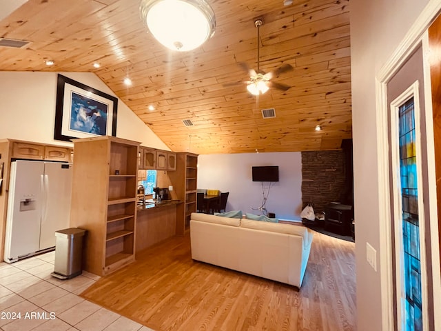 living area featuring visible vents, light wood-style flooring, wooden ceiling, high vaulted ceiling, and a ceiling fan