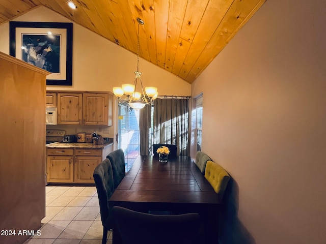 dining room with a notable chandelier, wood ceiling, light tile patterned floors, and high vaulted ceiling