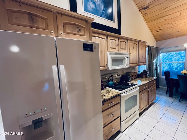 kitchen featuring white appliances, light stone counters, light tile patterned floors, lofted ceiling, and wood ceiling