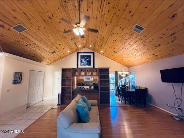 living room featuring visible vents, wooden ceiling, lofted ceiling, and wood finished floors