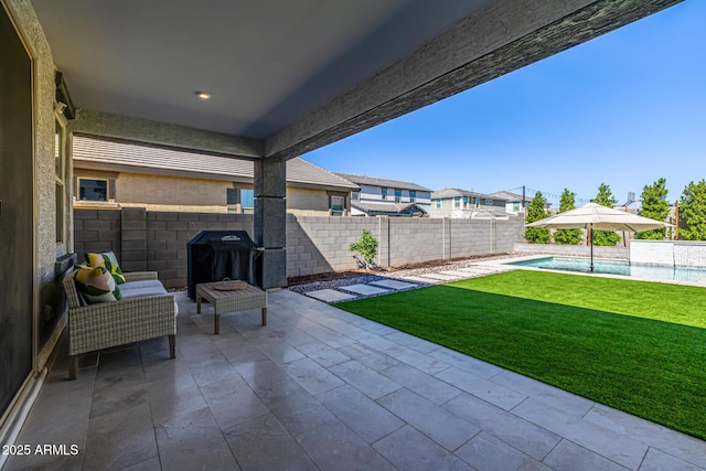 25725 S 230th St, Queen Creek, AZ 85142 - view of patio with a fenced backyard, a grill, and a fenced in pool