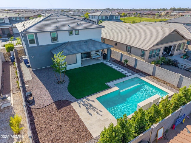 25725 S 230th St, Queen Creek, AZ 85142 - view of swimming pool with a residential view, a patio area, a fenced in pool, and a fenced backyard