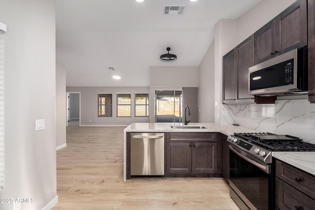 kitchen with sink, tasteful backsplash, light wood-type flooring, appliances with stainless steel finishes, and kitchen peninsula