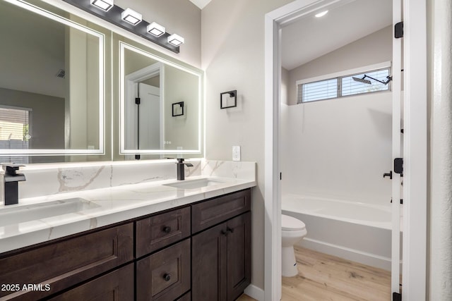 bathroom with vanity, lofted ceiling, wood-type flooring, and toilet