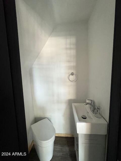 bathroom with vanity, toilet, and hardwood / wood-style flooring