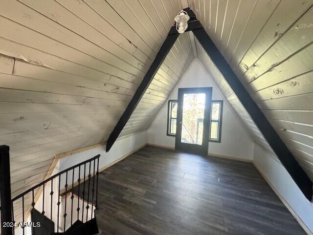 1725 Turkey Mountain Rd, Happy Jack, AZ 86024 - additional living space with lofted ceiling with beams, baseboards, wood finished floors, and wooden ceiling