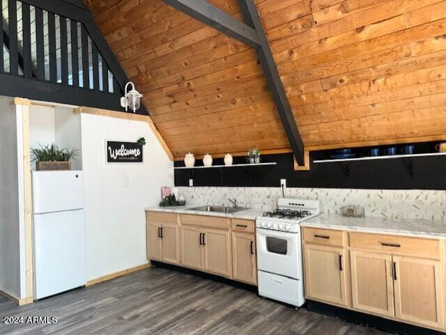 kitchen featuring vaulted ceiling with beams, white appliances, and wooden ceiling