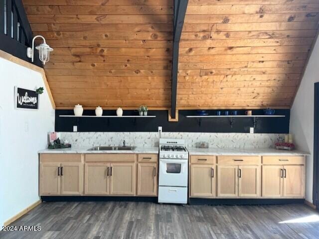 1725 Turkey Mountain Rd, Happy Jack, AZ 86024 - kitchen with light countertops, a sink, dark wood-style floors, vaulted ceiling, and white gas range oven