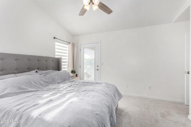 carpeted bedroom featuring lofted ceiling, access to outside, and ceiling fan