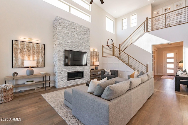 living room featuring hardwood / wood-style floors and a fireplace