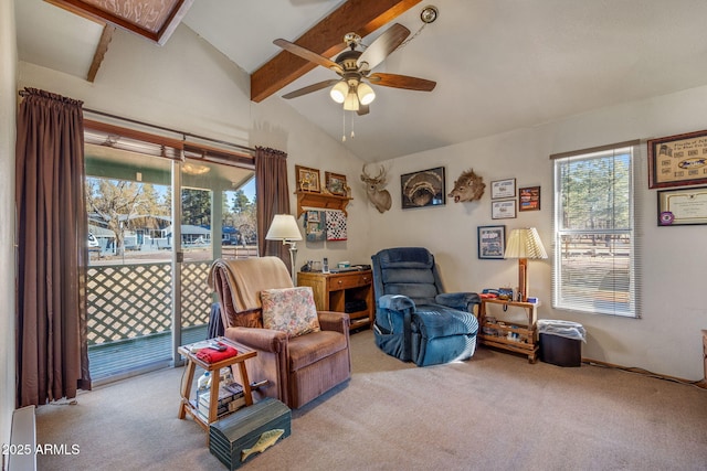 sitting room with high vaulted ceiling, ceiling fan, beam ceiling, and light colored carpet