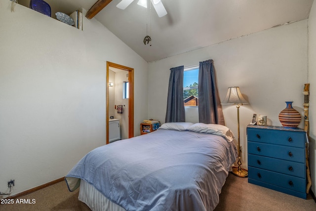 carpeted bedroom with ceiling fan and lofted ceiling with beams