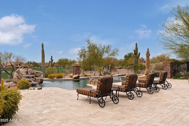 9161 E Superstition Mountain Dr, Gold Canyon, AZ 85118 - view of patio featuring a swimming pool with hot tub and pool water feature