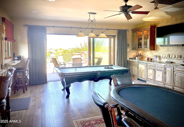 9161 E Superstition Mountain Dr, Gold Canyon, AZ 85118 - recreation room featuring hardwood / wood-style flooring, ceiling fan, and billiards