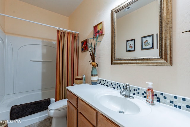 full bathroom with tasteful backsplash, vanity, shower / bathtub combination with curtain, and toilet