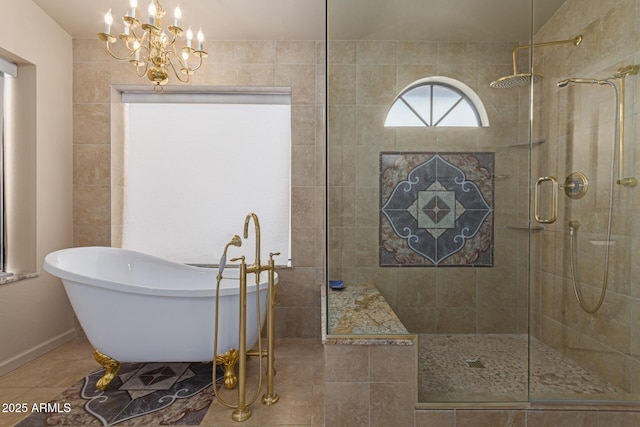 bathroom with plus walk in shower and tile patterned flooring