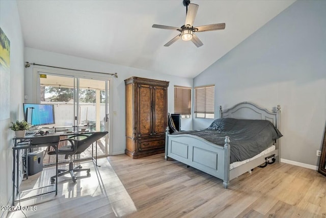 bedroom with ceiling fan, access to exterior, light wood-type flooring, and vaulted ceiling