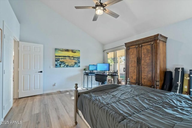 bedroom with light wood-type flooring, high vaulted ceiling, and ceiling fan