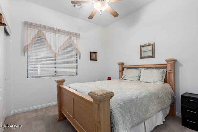 bedroom with ceiling fan and carpet