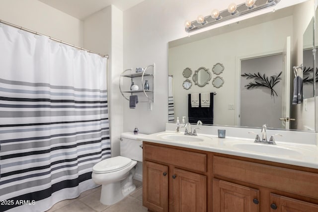 bathroom featuring vanity, toilet, and tile patterned flooring