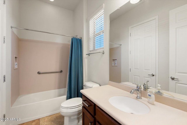 full bathroom with vanity, toilet, and shower / tub combo with curtain