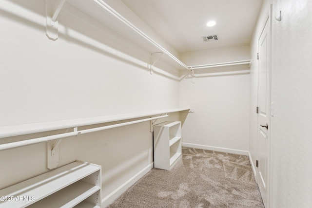 walk in closet with light carpet