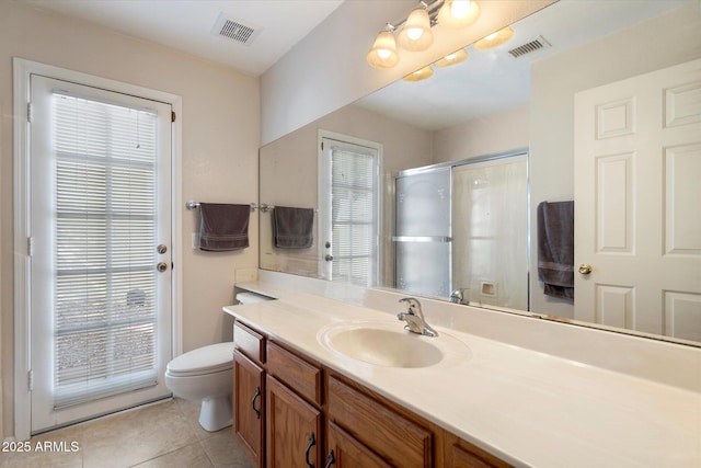 full bath featuring visible vents, tile patterned floors, toilet, and vanity
