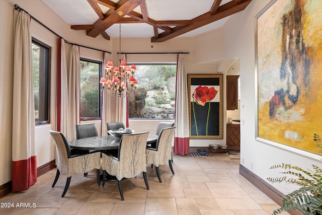 tiled dining room featuring beamed ceiling, an inviting chandelier, and coffered ceiling