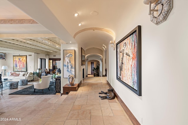 hallway with beam ceiling