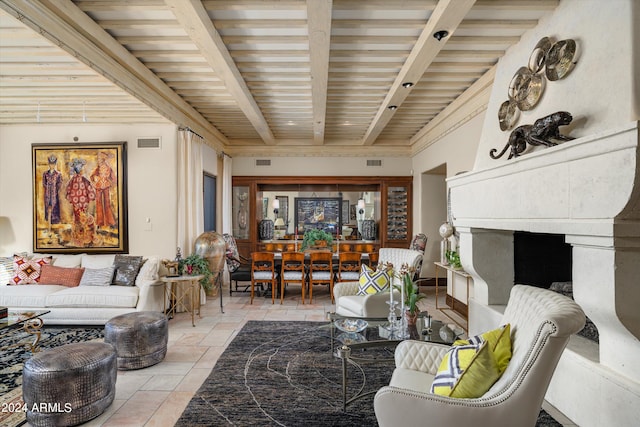 living room with wood ceiling and beam ceiling