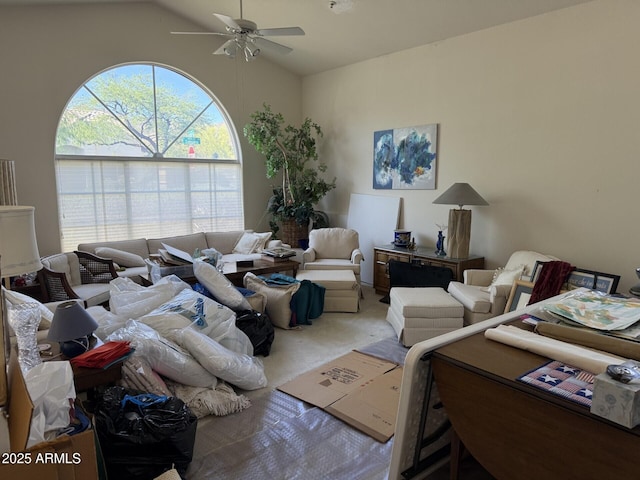 12955 E Sahuaro Dr, Scottsdale, AZ 85259 - carpeted living area featuring ceiling fan and vaulted ceiling