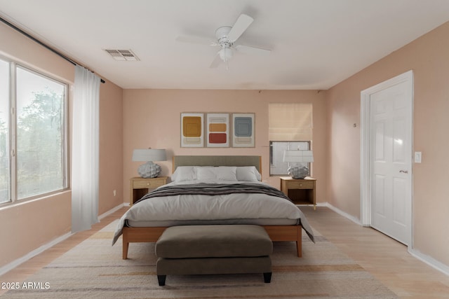 bedroom featuring light hardwood / wood-style flooring and ceiling fan