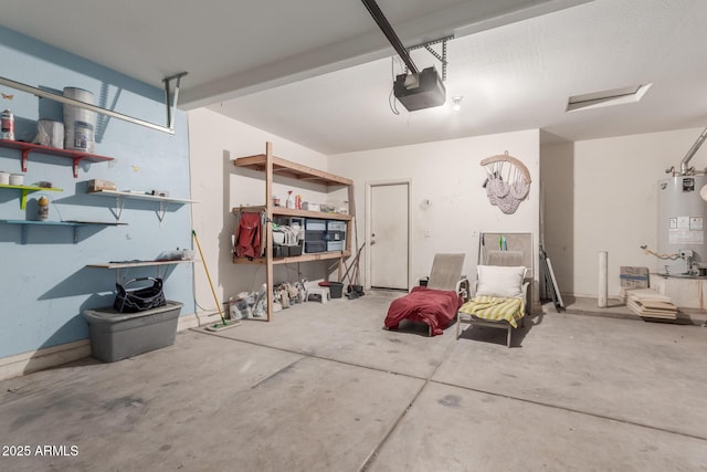 garage with gas water heater and a garage door opener