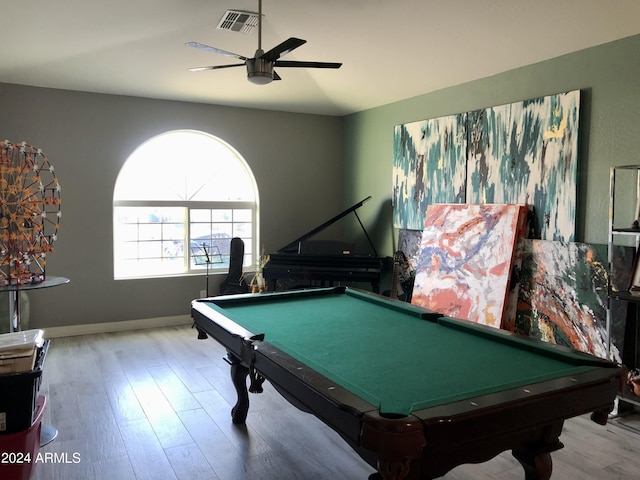 rec room featuring light wood-type flooring, vaulted ceiling, ceiling fan, and billiards