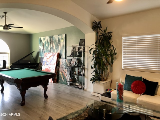 game room with ceiling fan, billiards, and light hardwood / wood-style flooring