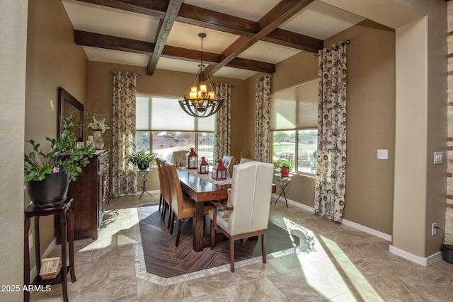 dining room featuring beamed ceiling, coffered ceiling, and a chandelier