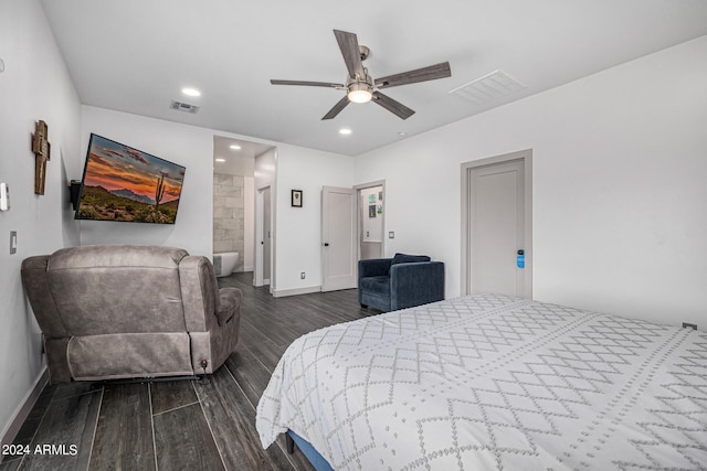 bedroom with dark hardwood / wood-style floors and ceiling fan