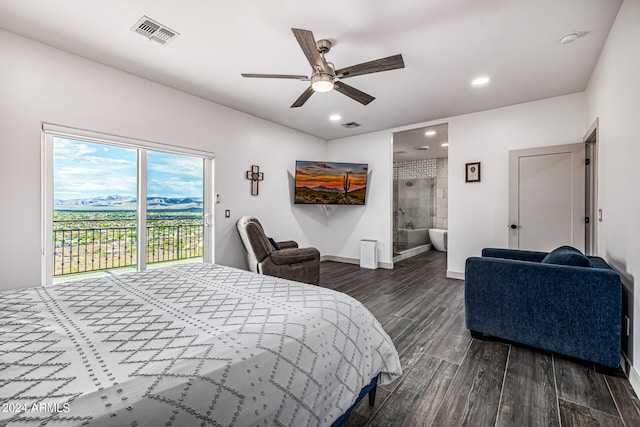 bedroom featuring ceiling fan, connected bathroom, dark hardwood / wood-style flooring, and access to outside