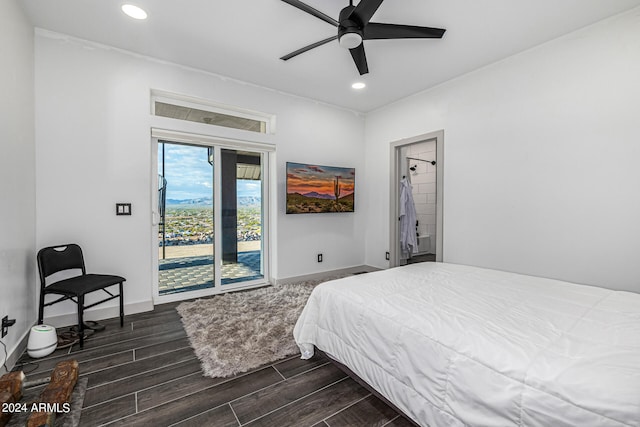 bedroom featuring access to outside, dark hardwood / wood-style flooring, and ceiling fan