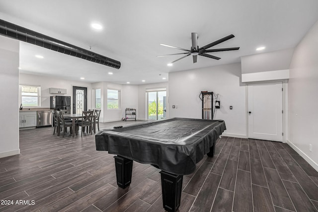 recreation room featuring ceiling fan, billiards, and dark hardwood / wood-style floors