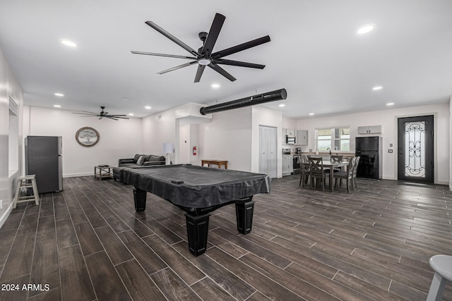 game room with ceiling fan, dark wood-type flooring, and billiards