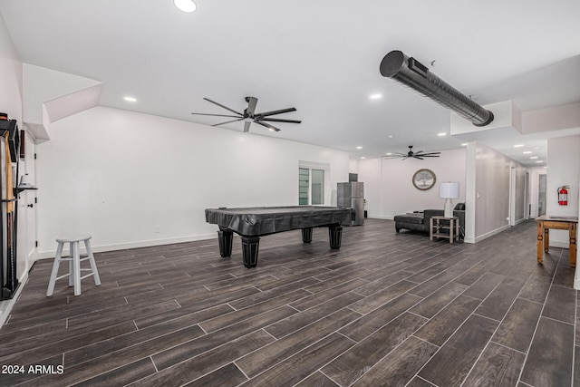 recreation room featuring pool table, dark hardwood / wood-style floors, and ceiling fan