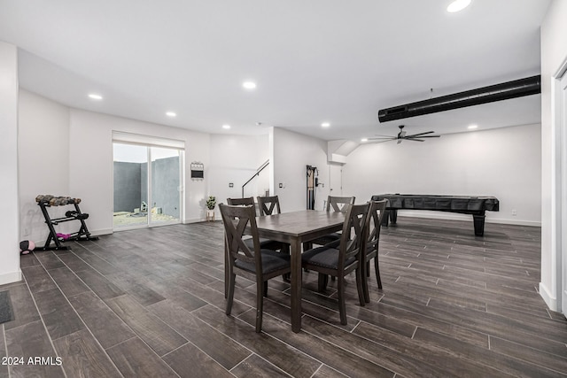 dining room featuring ceiling fan and dark wood-type flooring