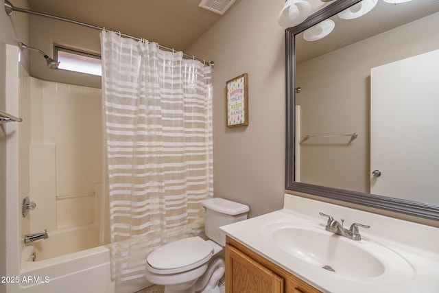 full bathroom featuring vanity, shower / tub combo, toilet, and visible vents