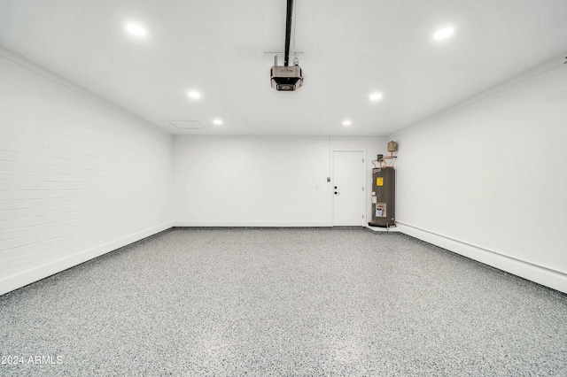 garage featuring water heater and a garage door opener