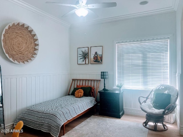 22406 S 173rd Way, Gilbert, AZ 85298 - bedroom with wood finished floors, crown molding, a ceiling fan, and a wainscoted wall