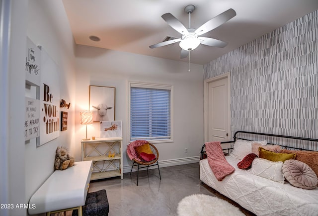 22406 S 173rd Way, Gilbert, AZ 85298 - bedroom with concrete flooring, wallpapered walls, and ceiling fan