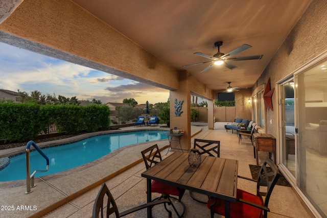 3018 E Vernon St, Gilbert, AZ 85298 - view of swimming pool featuring a patio, a fenced backyard, an outdoor hangout area, and a ceiling fan