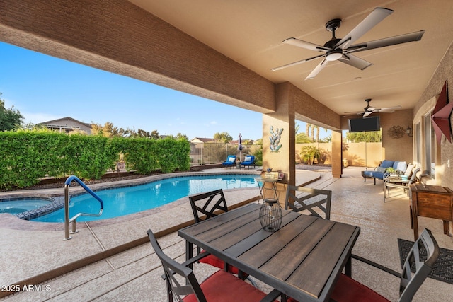 3018 E Vernon St, Gilbert, AZ 85298 - view of swimming pool featuring a patio, a fenced backyard, ceiling fan, and a pool with connected hot tub