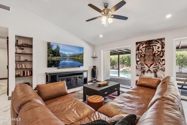 5101 E Paradise Dr, Scottsdale, AZ 85254 - living area featuring vaulted ceiling, ceiling fan, and recessed lighting